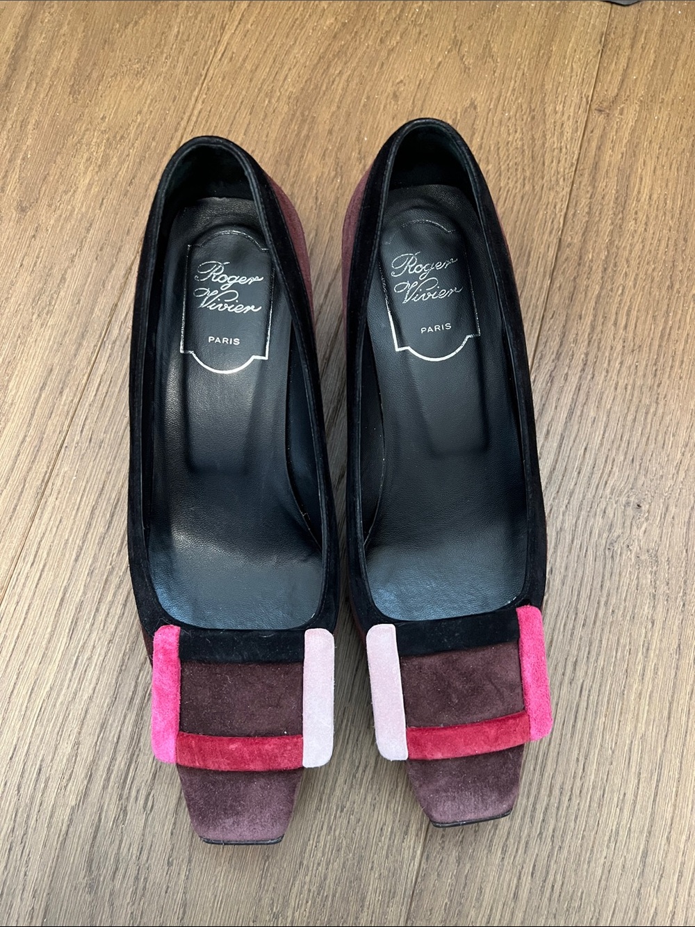 Roger Vivier Suede Pumps in Pink, Burgundy and Black with Signature Buckle